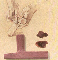Illustration of a calument being refined with hand tools.